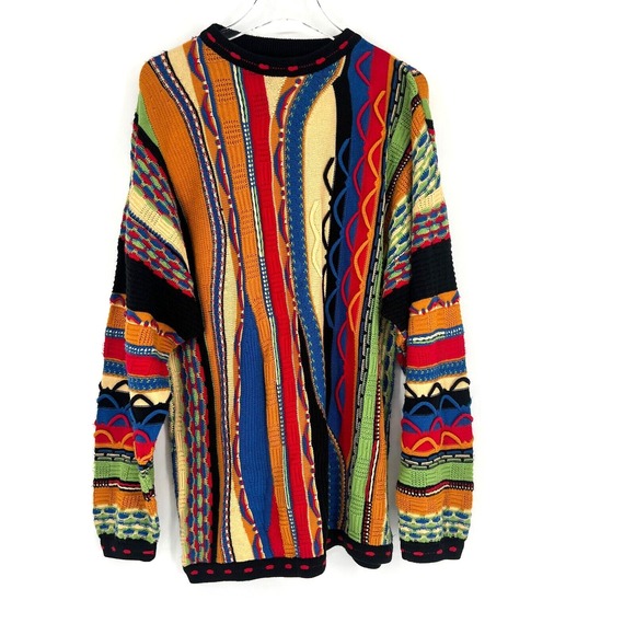 Vtg 3D Knit Bergau Sweater Mens L Rainbow‎ 90s Biggie Grandpa Vibrant 90s
